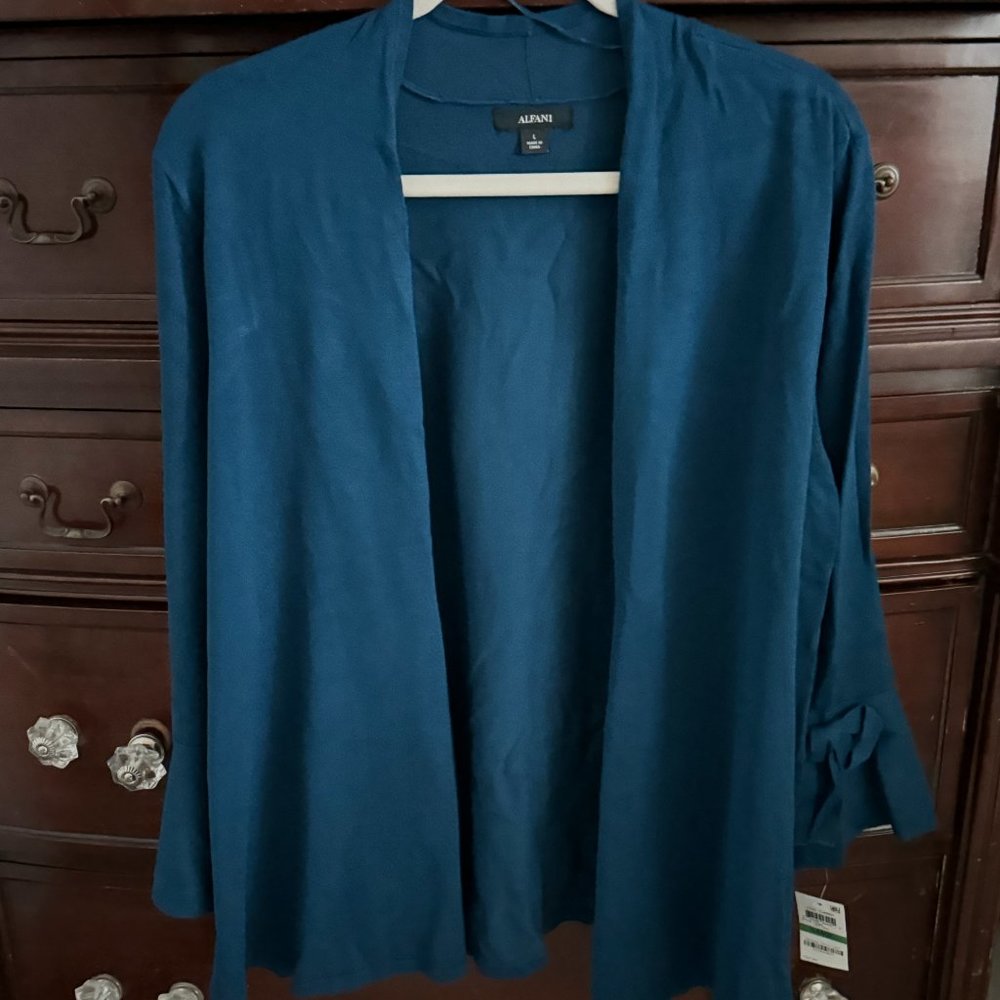 Alfani Blue Open Front Longline Sweater with Bow Sleeves NWT - Size L